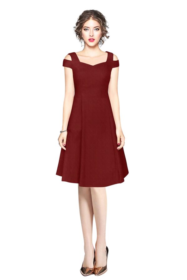 Maroon Off-Shoulder V-Neck Knee-Length Dress