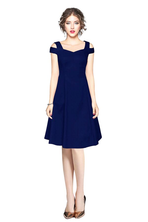 Navy Blue Off-Shoulder V-Neck Knee-Length Dress