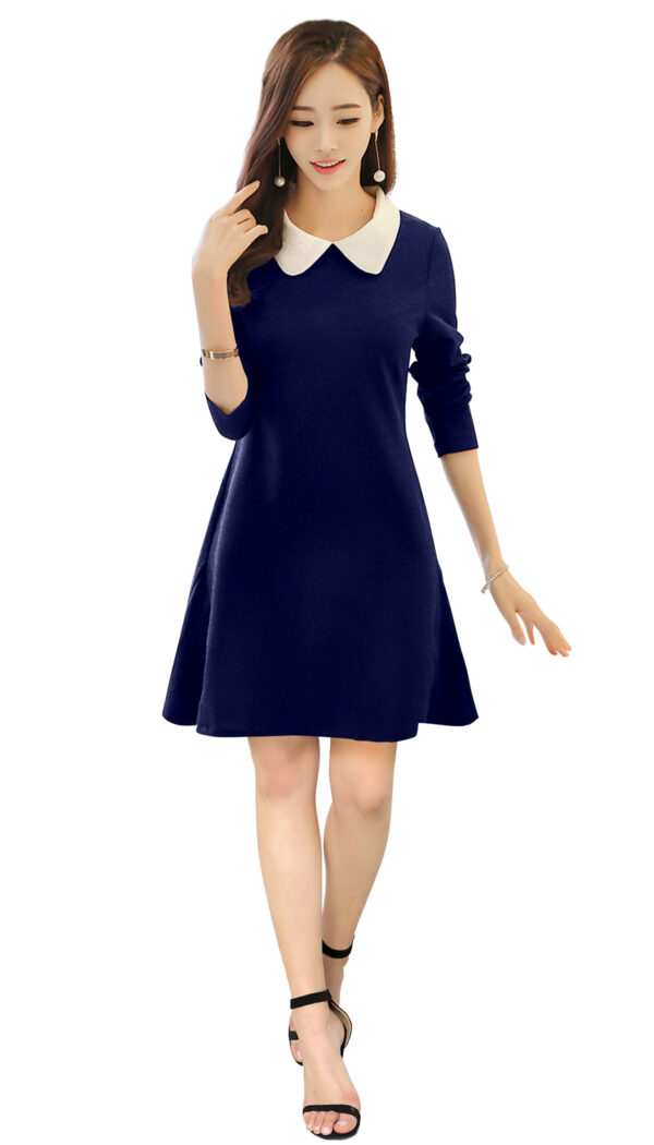 Navy Blue Collared Knee-Length Dress