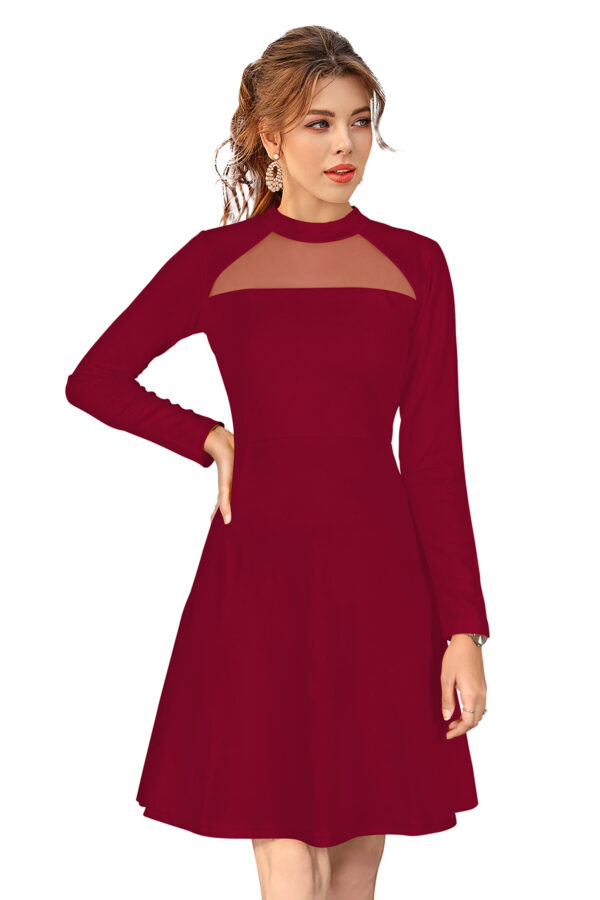 Elegant Maroon Full-Sleeve Stretchable Fit & Flare Dress