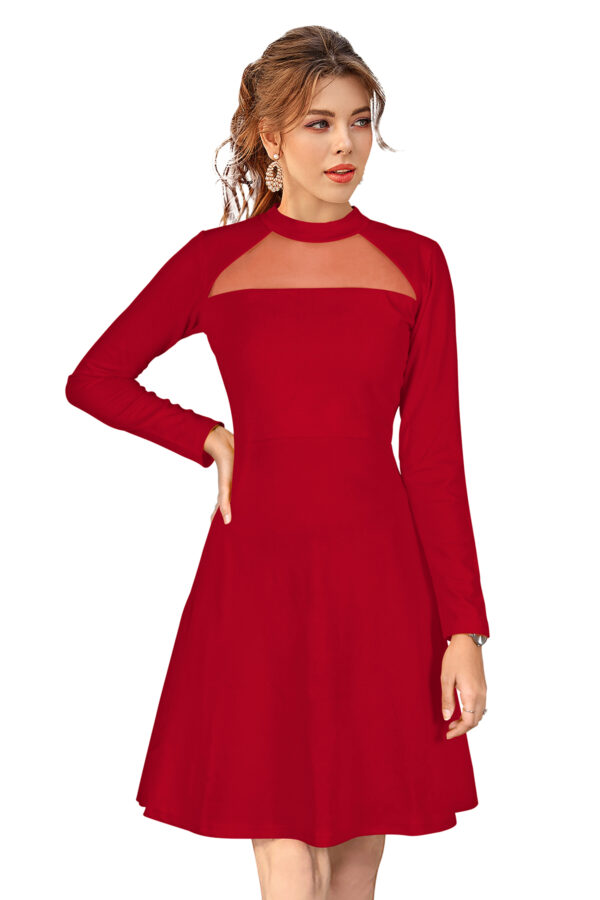 Elegant Red Full-Sleeve Stretchable Fit & Flare Dress