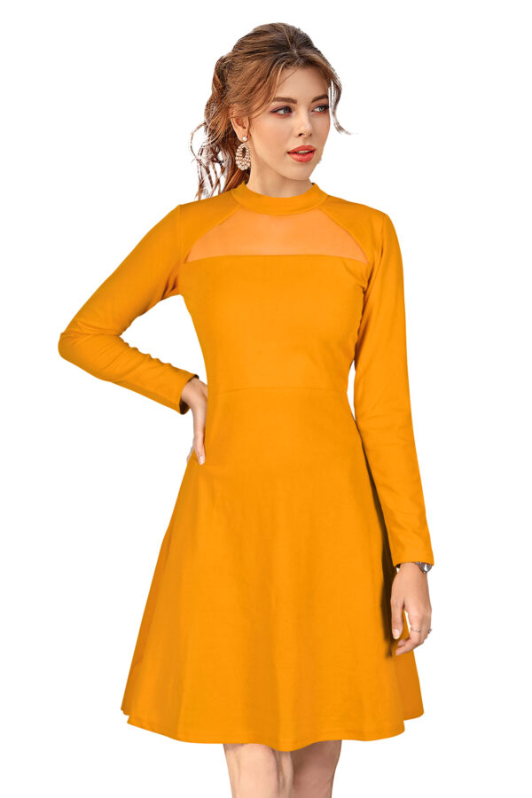 Elegant Yellow Full-Sleeve Stretchable Fit & Flare Dress