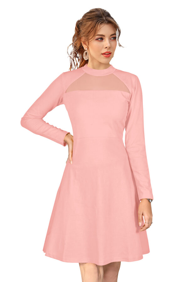 Elegant Peach Full-Sleeve Stretchable Fit & Flare Dress