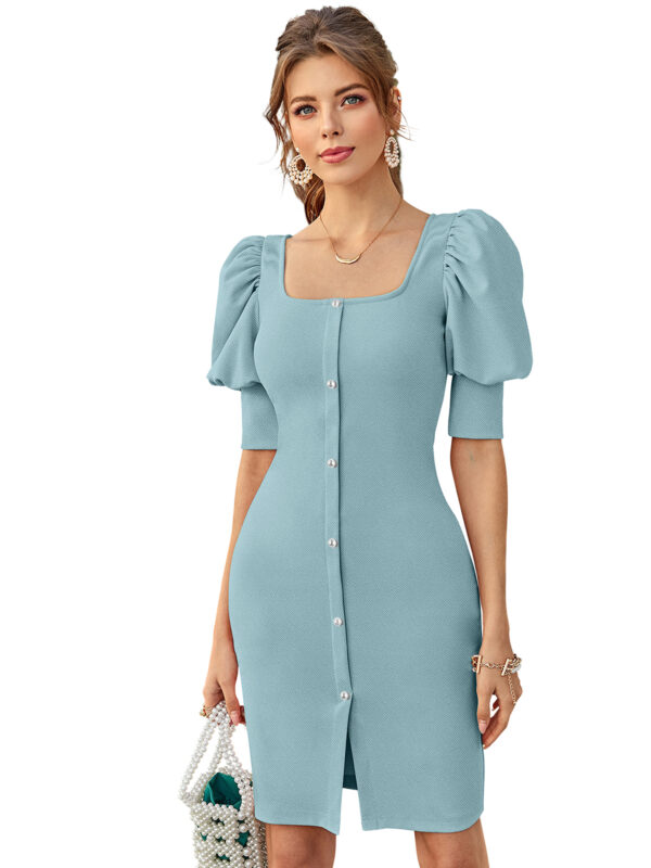 Chic Pista Square-Neck Puff Sleeve Bodycon Dress