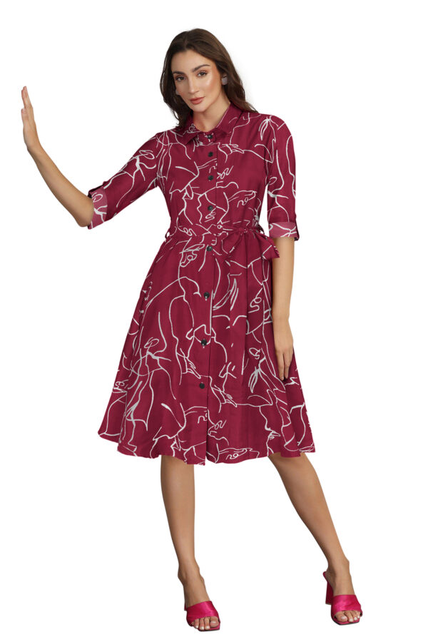Maroon Printed Shirt Collar Women's Dress
