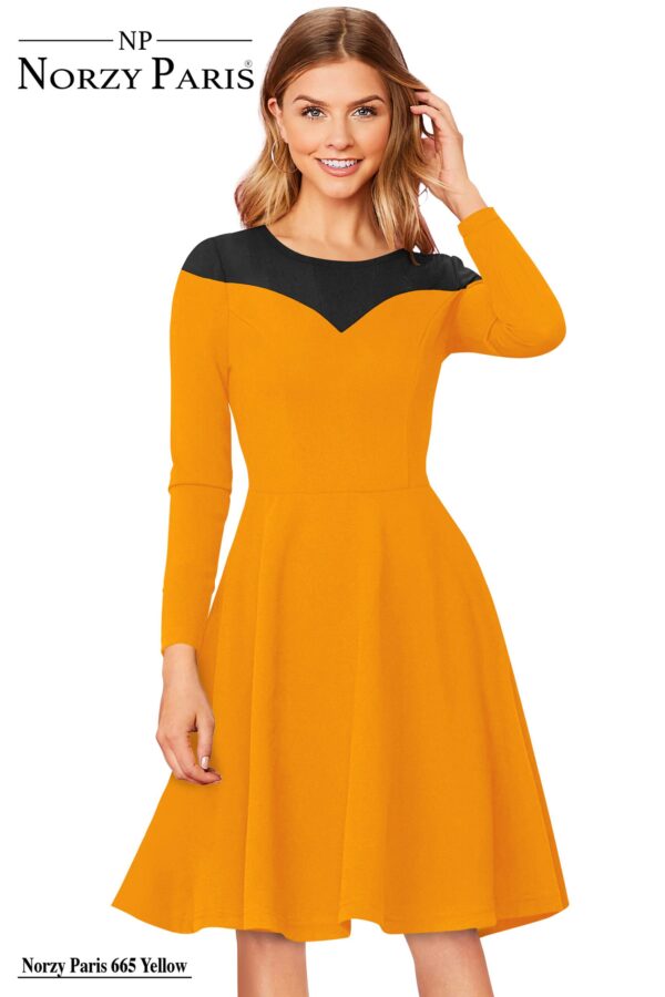 Classic Stretchable Yellow Full-Sleeve Round-Neck Fit & Flare Dress