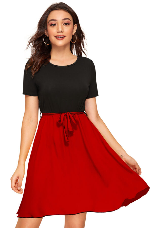Red Cap-Sleeve Stretchable Fit & Flare Knee-Length Dress