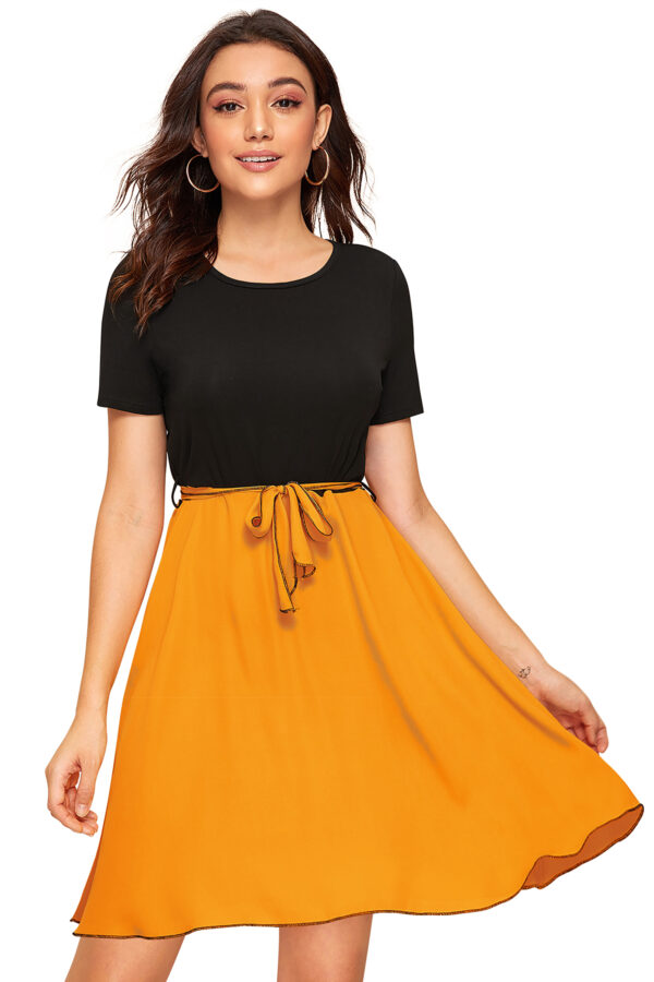 Yellow Cap-Sleeve Stretchable Fit & Flare Knee-Length Dress