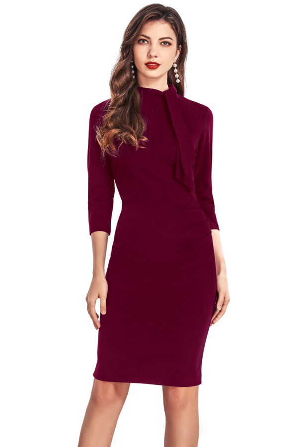 Maroon 3/4 Sleeve Stretchable Bodycon Knee-Length Dress