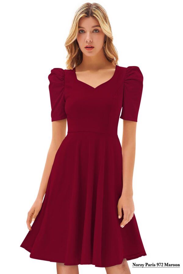 Maroon V-Neck Cap-Sleeve Fit & Flare Knee-Length Dress