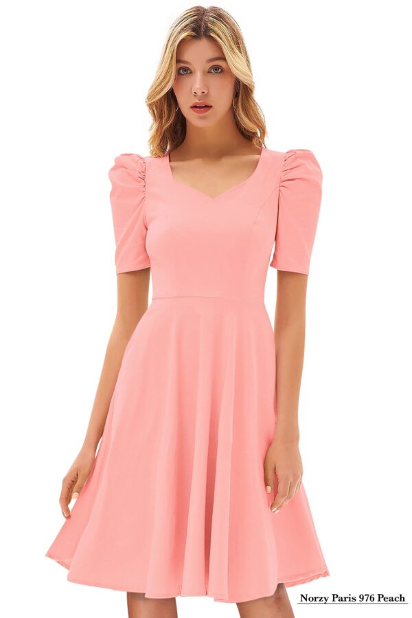 Peach V-Neck Cap-Sleeve Fit & Flare Knee-Length Dress