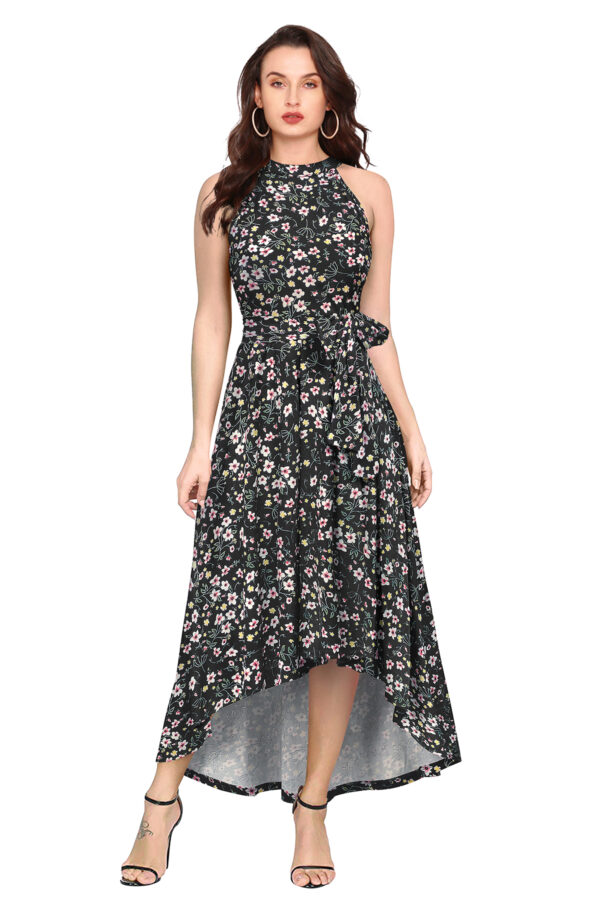 Flower Print Black Sleeveless Helter Neck Dress