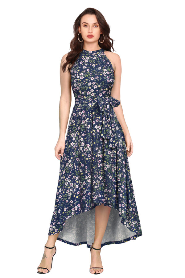 Flower Print Blue Sleeveless Helter Neck Dress