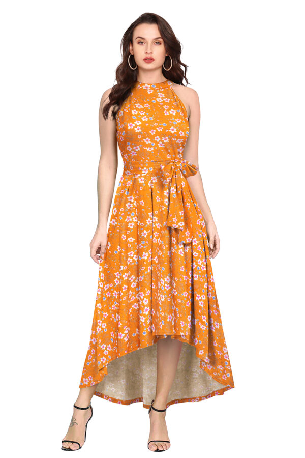 Flower Print Yellow Sleeveless Helter Neck Dress