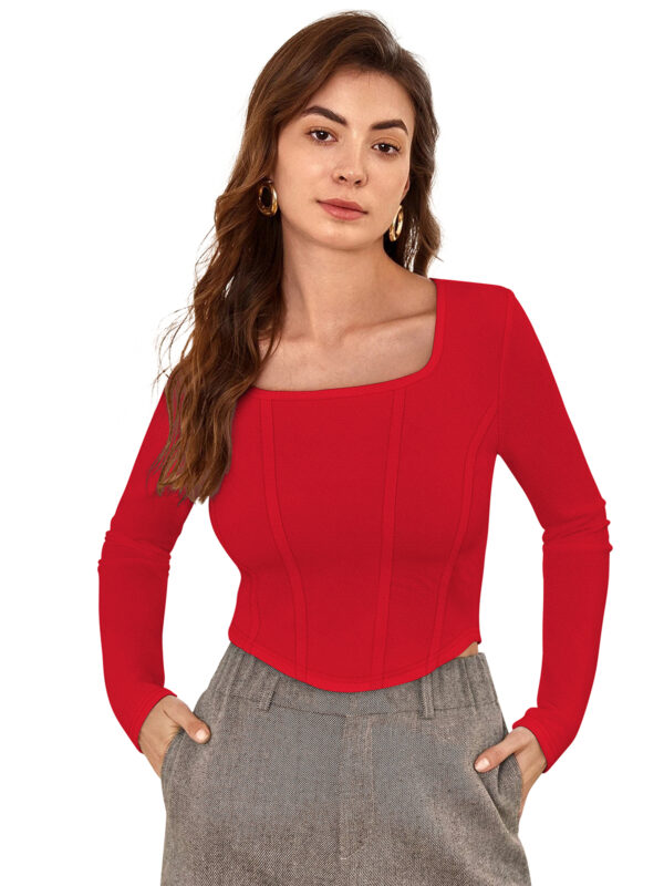 Red Square Neck Full Sleeves Top