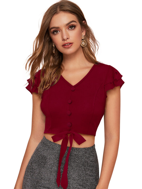 Solid Short Sleeves Maroon V-Neck Top