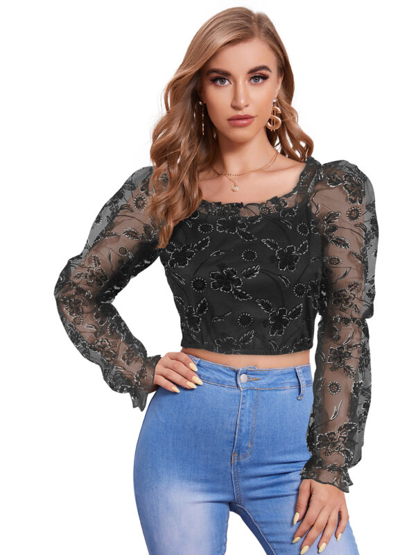 Black Full Sleeves Square Collar Top