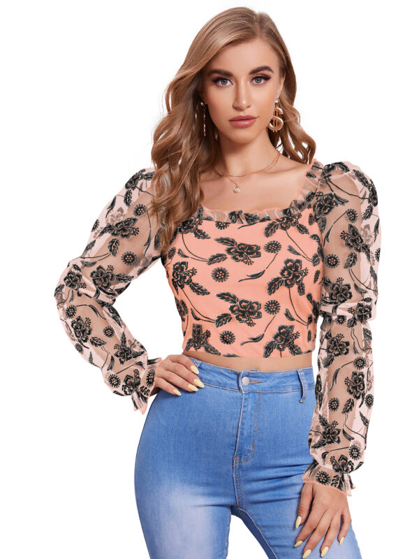 Peach Full Sleeves Square Collar Top
