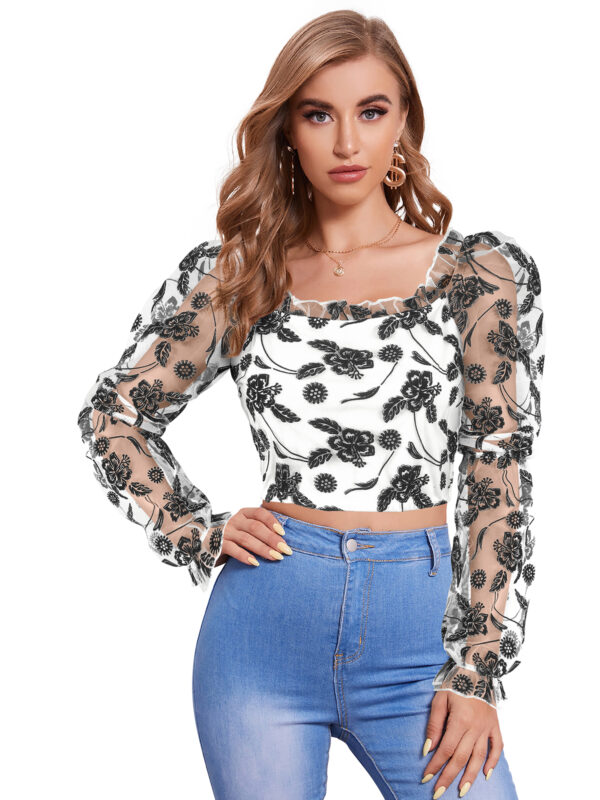 White Full Sleeves Square Collar Top